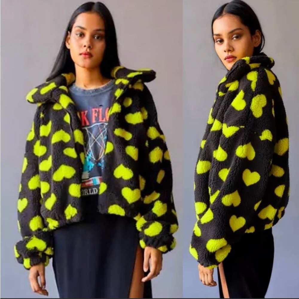 Urban Outfitters Olivia Sherpa Lime Green Hearts Jacket NWOT